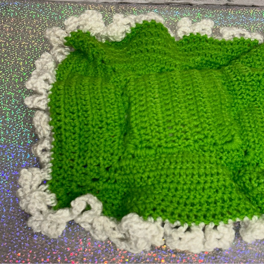 Vintage Crochet Doll Bottle Green White Thumb Sucking Blanket Handmade - Picture 8 of 13